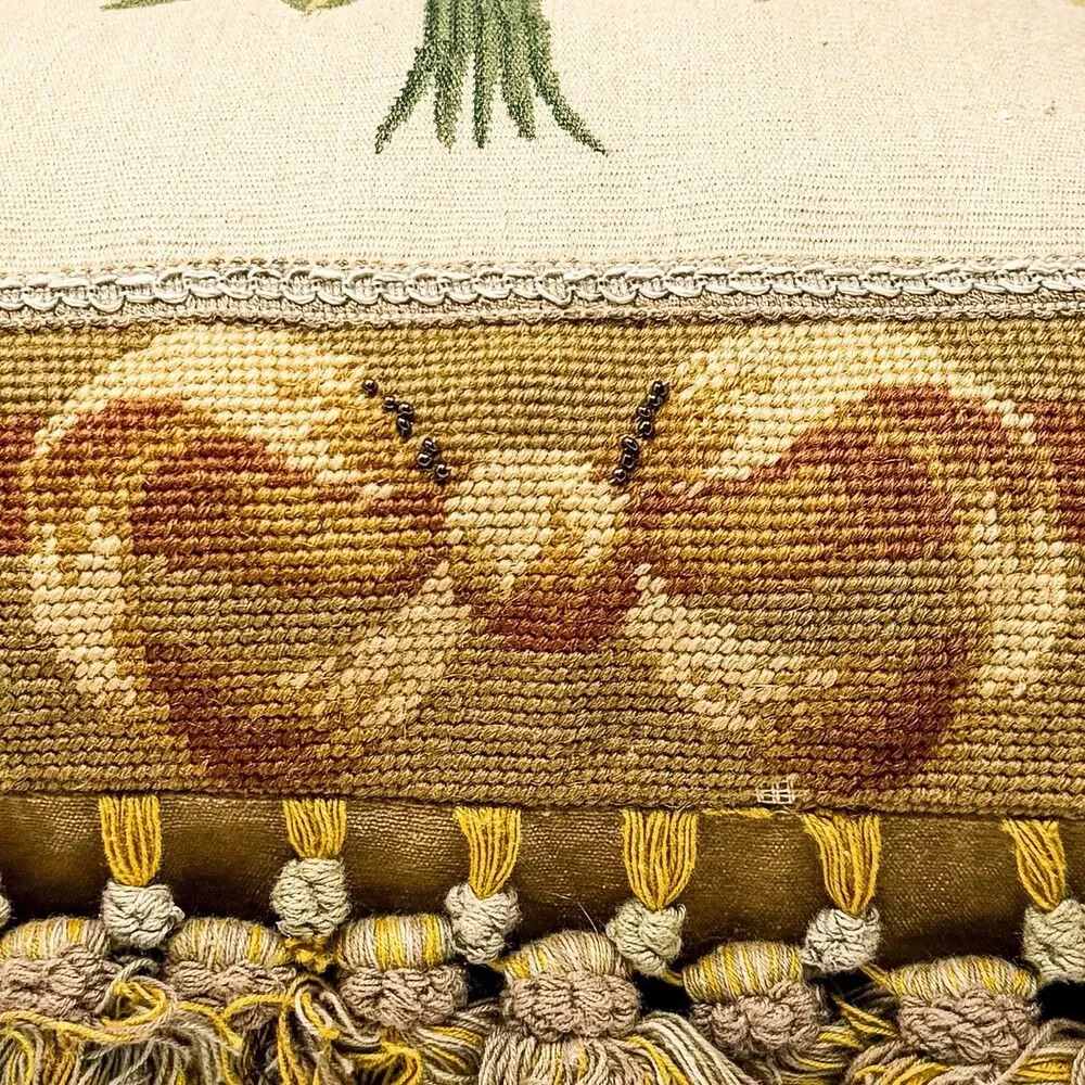 Vintage 18” Aubusson Floral Petit Point Needlepoint Beaded Tassel Throw Pillow